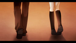 Rule 34 | 1boy, 1girl, black socks, brother and sister, feet, kagamine len, kagamine rin, kneehighs, letterboxed, loafers, orange (vocaloid), school uniform, shoes, siblings, socks, tama (songe), twins, vocaloid, walking