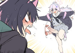 Rule 34 | 2girls, absurdres, afterimage, ahoge, anger vein, angry, animal ears, black hair, black jacket, black neckerchief, blue archive, blue hair, bouncing penis, cat ears, erection, futanari, grey shirt, grey skirt, halo, highres, huge penis, jacket, kazusa (blue archive), leg up, long hair, long sleeves, looking at another, multicolored hair, multiple girls, neckerchief, open mouth, penis, pink hair, purple eyes, reisa (blue archive), running, sharp teeth, shirt, skirt, teeth, thirty 8ght, tongue, tongue out