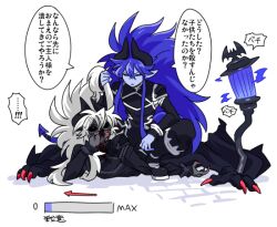 2boys ashtoreth_(inu_fuji) bat_symbol black_horns black_pants black_sclera black_shirt black_skin bleeding bleeding_from_mouth blood blood_from_mouth blue_eyes blue_hair blue_horns blue_nails blue_skin claws colored_sclera colored_skin constricted_pupils curtained_hair dark_persona dragon_boy dragon_horns dragon_tail dragon_wings dual_persona fingernails grabbing_another&#039;s_hair hair_between_eyes hand_on_mouth hand_up high_collar horns inu_fuji japanese_text long_hair long_sleeves looking_at_another looking_down looking_up lying male_focus messy_hair monster_boy multiple_boys nail_polish on_stomach original pants pointy_ears red_eyes red_nails sharp_fingernails shirt sidelocks simple_background sitting sitting_on_person slit_pupils speech_bubble stepped_on stepping_on_arm sweat sweatdrop tail talking talking_to_another translation_request vest white_background white_hair white_trim wings