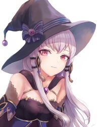 Rule 34 | 1girl, alternate costume, black hat, bow, breasts, commentary, dress, fire emblem, fire emblem: three houses, grey hair, hair ornament, halloween, halloween costume, hat, hat bow, highres, leonmandala, long hair, looking at viewer, lysithea von ordelia, nintendo, pink eyes, pout, sidelocks, signature, simple background, small breasts, solo, tears, upper body, white background, witch, witch hat