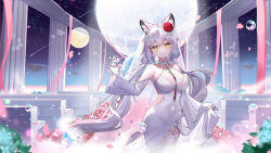 Rule 34 | 1girl, animal ear fluff, animal ears, bare shoulders, blush, breasts, cat ears, cat girl, cat tail, closed mouth, collarbone, cowboy shot, detached sleeves, dress, floating island, flower, full moon, garter straps, gloves, hair flower, hair ornament, highres, large breasts, long sleeves, looking at viewer, moon, night, original, outdoors, pelvic curtain, petals, red flower, red rose, rose, skirt hold, smile, soap bubbles, solo, tail, thighhighs, virtual youtuber, white dress, white gloves, white thighhighs, yellow eyes, yukizawa xueze