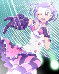 Rule 34 | 1girl, ;d, blush, dokidoki! precure, frills, gloves, hair ornament, hairclip, hand on own chest, happy, heart, idol, kenzaki makoto, leg up, looking at viewer, music, one eye closed, open mouth, panties, pantyshot, pointing, precure, purple eyes, purple hair, ribbon, short hair, singing, skirt, smile, solo, standing, striped clothes, striped legwear, striped thighhighs, thighhighs, tj-type1, underwear, upskirt, white panties, wink