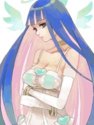 Rule 34 | 10s, 1girl, aqua eyes, breasts, cleavage, colored inner hair, crossed arms, female focus, gloves, kuromu (kaeru), large breasts, long hair, multicolored hair, panty &amp; stocking with garterbelt, solo, stocking (psg), tegaki, two-tone hair, white background