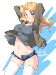 Rule 34 | 1girl, arms behind head, black shirt, blonde hair, blue eyes, blue panties, blue shorts, blush, breasts, brown jacket, clothes lift, commentary, covered erect nipples, cowboy shot, cutoffs, dated, denim, denim shorts, girls und panzer, gluteal fold, groin, hair intakes, highres, jacket, kay (girls und panzer), kuzuryuu kennosuke, large breasts, long hair, long sleeves, looking at viewer, micro shorts, midriff, military, military uniform, navel, no bra, one-hour drawing challenge, open clothes, open fly, open jacket, panties, panty peek, saunders military uniform, shirt, shirt lift, shorts, skindentation, solo, standing, thighhighs, thighs, twitter username, open fly, underwear, uniform, unzipped, v-shaped eyes, white thighhighs