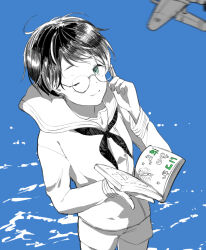 Rule 34 | 1girl, aircraft, bespectacled, book, closed mouth, glasses, greyscale, holding, holding book, kantai collection, kouga (mutsumi), long sleeves, looking at viewer, mogami (kancolle), monochrome, neckerchief, one eye closed, round eyewear, sailor collar, school uniform, serafuku, short hair, shorts, solo, spot color