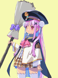 Rule 34 | 1girl, akayama yukihe, arm at side, ascot, black cape, black hat, blush, bow, broom, brown skirt, cape, closed mouth, commentary, double bun, eyelashes, frilled thighhighs, frills, hair between eyes, hair bun, hair ornament, hair ribbon, hand up, hat, heaven burns red, highres, holding, holding broom, kunimi tama, long hair, long sleeves, looking at viewer, military hat, miniskirt, pink ascot, pink eyes, pink hair, plaid, plaid skirt, pleated skirt, purple bow, ribbon, sidelocks, simple background, skirt, smile, solo, straight hair, thighhighs, very long hair, white ribbon, white thighhighs, wide sleeves, x hair ornament, yellow background, zettai ryouiki