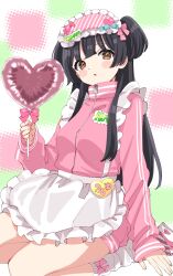 Rule 34 | 1girl, :o, absurdres, alternate costume, apron, balloon, black hair, blush, breasts, brown eyes, character name, commentary request, frilled apron, frills, heart balloon, highres, idolmaster, idolmaster shiny colors, jacket, jersey maid, long hair, long sleeves, looking at viewer, loose socks, maid, maid apron, mayuzumi fuyuko, medium breasts, name tag, open mouth, pink jacket, seiza, sitting, sleep mask, socks, solo, sukoyaka (100hituzi), track jacket, two side up, unconventional maid, waist apron, white apron, white socks