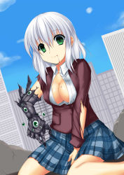 Rule 34 | 1girl, blazer, blood, blood in mouth, blue sky, breasts, building, cleavage, day, dress shirt, empty eyes, gauntlets, green eyes, highres, hoshizuki (seigetsu), jacket, large breasts, original, shirt, short hair, silver hair, skirt, sky, smile, solo, torn clothes, yandere
