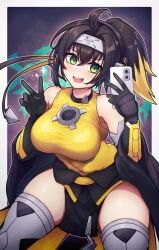 Rule 34 | 1girl, ahoge, bare shoulders, black hair, blonde hair, breasts, commission, duel monster, forehead protector, gloves, gradient hair, green eyes, highres, large breasts, multicolored hair, pixiv commission, poifuru, ponytail, s-force rappa chiyomaru, selfie, solo, thighhighs, yu-gi-oh!