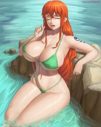 Rule 34 | areola slip, bathing, bikini, breasts, closed eyes, collarbone, covered erect nipples, green bikini, highleg, highleg bikini, highres, huge breasts, long hair, nami (one piece), navel, one piece, open mouth, orange hair, outdoors, partially submerged, patreon username, pulled by self, rock, shoulder tattoo, sitting, strap pull, string bikini, superbusty, swimsuit, tattoo, thighs, wet