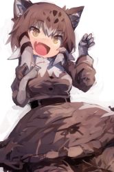 Rule 34 | 1girl, absurdres, animal ear fluff, animal ears, black hair, brown dress, brown hair, cat ears, dress, fang, gloves, grey gloves, grey hair, highres, kaamin (mariarose753), kemono friends, multicolored hair, open mouth, pallas&#039;s cat (kemono friends), paw pose, short hair, simple background, skin fang, solo, spotted hair, white background, yellow eyes