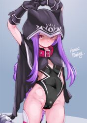 Rule 34 | 1girl, arm guards, arms up, black cloak, black leotard, blush, breasts, cameltoe, cleft of venus, cloak, collar, covered navel, fate/grand order, fate (series), forehead, highleg, highleg leotard, highres, hood, hooded cloak, leotard, long hair, looking at viewer, medusa (fate), medusa (lancer) (fate), parted bangs, puddinghomhom, purple collar, purple eyes, purple hair, rider, sidelocks, small breasts, solo, thighs, very long hair