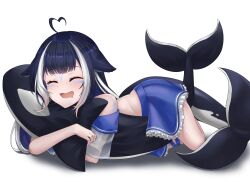 Rule 34 | 1girl, ahoge, animal ears, bare shoulders, black hair, blue skirt, body markings, cetacean tail, closed eyes, drooling, facial mark, fins, fish tail, frilled skirt, frills, heart, heart ahoge, highres, holding, holding stuffed toy, indie virtual youtuber, long hair, mouth drool, multicolored hair, narunin, off shoulder, orca, orca girl, school uniform, see-through, see-through shirt, serafuku, shirt, shylily, shylily (1st costume), skirt, streaked hair, stuffed animal, stuffed orca, stuffed toy, tail, thigh strap, virtual youtuber, white background, white hair, white serafuku, white shirt