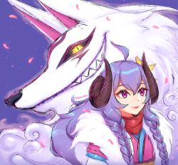 Rule 34 | 1girl, ahoge, alternate costume, alternate eye color, alternate hair color, alternate hairstyle, animal ears, body fur, braid, cherry blossoms, curled horns, flower, fur (clothing), grin, hair between eyes, hair flower, hair ornament, highres, horns, japanese clothes, kindred (league of legends), lamb (league of legends), league of legends, long hair, long sleeves, looking at viewer, nanumn, official alternate costume, official alternate hairstyle, open mouth, petals, pink eyes, plum blossoms, purple hair, side braid, smile, spirit blossom kindred, twin braids, twintails, white fur, wolf, wolf (league of legends)
