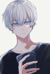 Rule 34 | 1boy, black shirt, blue eyes, cellphone, collarbone, grey background, hair between eyes, holding, holding phone, juu ame, looking at viewer, male focus, original, phone, shirt, silver hair, simple background, solo, upper body