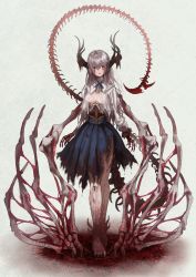 Rule 34 | 159cm, 1girl, antlers, barefoot, blood, blood on face, blue ribbon, blue skirt, breasts, claws, full body, grey hair, highres, horns, looking at viewer, monster girl, neck ribbon, original, parted lips, ribbon, shirt, skeletal tail, skeletal wings, skirt, small breasts, solo, torn clothes, torn skirt, walking, white shirt, wings