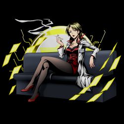 Rule 34 | 10s, 1girl, alpha transparency, black pantyhose, blonde hair, breasts, cigarette, cleavage, divine gate, full body, high heels, highres, holding, jewelry, karanomori shion, lab coat, lipstick, long hair, looking at viewer, makeup, medium breasts, necklace, official art, panties, pantyhose, psycho-pass, red footwear, red lips, red shirt, red skirt, shadow, shirt, shoes, sitting, skirt, smoke, smoking, solo, transparent background, ucmm, underwear