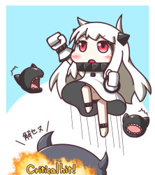 Rule 34 | 10s, 2girls, ^^^, abyssal ship, chibi, colored skin, destroyer princess, dress, feiton, gameplay mechanics, horns, jumping, kantai collection, long hair, mittens, multiple girls, navel, northern ocean princess, out of frame, panties, pantyshot, raised fist, red eyes, translation request, underwear, white dress, white hair, white skin