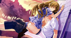 Rule 34 | 1boy, 1girl, abhar, ass, ass grab, breast sucking, breasts, chidori minamo, clothed sex, clothes lift, couple, dress, closed eyes, game cg, girl on top, hetero, highres, misaki kurehito, nipples, no panties, open clothes, open shirt, outdoors, school uniform, sex, shirt, shirt lift, skirt, skirt lift, small breasts, smile cubic!, straddling, suiheisen made nan mile?, thighhighs, upright straddle
