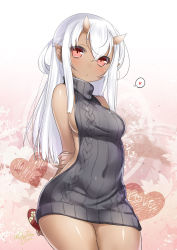 Rule 34 | 1girl, 47agdragon, aran sweater, arms behind back, backless dress, backless outfit, bare shoulders, black sweater, blush, breasts, cable knit, dark-skinned female, dark skin, dress, halterneck, heart, highres, horns, long hair, looking at viewer, meme attire, naked sweater, oni, oni horns, original, pointy ears, red eyes, sideboob, solo, spoken heart, sweater, sweater dress, turtleneck, turtleneck sweater, valentine, virgin killer sweater, white hair, wide hips