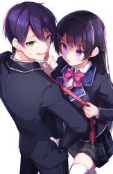 Rule 34 | 1boy, 1girl, bandaged hand, bandages, black hair, black jacket, black pants, black skirt, blazer, blush, bow, collared shirt, commentary request, dress shirt, goroo (eneosu), green eyes, hair between eyes, hair ornament, hairclip, hand on own hip, hand up, highres, jacket, kenmochi touya, long hair, long sleeves, looking at another, looking back, necktie, necktie grab, neckwear grab, nijisanji, open mouth, pants, pink bow, plaid, plaid neckwear, plaid skirt, pleated skirt, purple eyes, purple hair, red neckwear, school uniform, shaded face, shirt, skirt, standing, sweat, sweater vest, thighhighs, tsukino mito, tsukino mito (1st costume), very long hair, virtual youtuber, white shirt, white thighhighs
