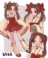 Rule 34 | +++, 1girl, 2022, :t, animal ears, bag of chips, black footwear, bow, brown eyes, brown hair, cat ears, closed eyes, closed mouth, eating, facing viewer, food, girls und panzer, grey background, hair bow, hair ribbon, hakama, hakama skirt, high-waist skirt, holding, holding food, japanese clothes, kadotani anzu, kemonomimi mode, kimono, leg warmers, long hair, long sleeves, looking at viewer, miko, miniskirt, motion lines, multiple views, new year, nontraditional miko, open mouth, parted bangs, red bow, red ribbon, red skirt, ri (qrcode), ribbon, ribbon-trimmed sleeves, ribbon trim, sandals, skirt, smile, standing, tabi, twintails, white kimono, white legwear, wide sleeves, zouri