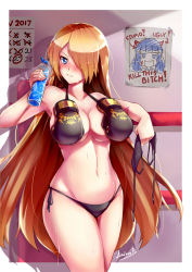 Rule 34 | 1girl, armpits, bad id, bad pixiv id, bikini, bikini top only, unworn bikini top, black bikini, blonde hair, blue eyes, bottle, boxer, boxing gloves, boxing ring, breasts, cleavage, commentary, commission, convenient censoring, english text, gainoob, glint, gold trim, hair over one eye, holding, holding bikini, holding bikini top, holding clothes, holding swimsuit, indoors, large breasts, long hair, looking at viewer, navel, original, parted lips, profanity, side-tie bikini bottom, signature, smile, solo, standing, sweat, swimsuit, thighs, topless, water bottle