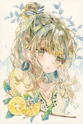 Rule 34 | 1girl, bow, earrings, food, fruit, green eyes, green hair, hair bow, highres, jewelry, leaf, lemon, lemon slice, open mouth, original, painting (medium), ponytail, shirt, solo, striped, striped bow, traditional media, water drop, watercolor (medium), yellow shirt, yukoring