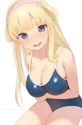 Rule 34 | 1girl, bare shoulders, blonde hair, blue one-piece swimsuit, blush, breasts, cleavage, collarbone, covered navel, cowboy shot, double bun, fletcher (kancolle), hair bun, kantai collection, large breasts, long hair, looking at viewer, one-piece swimsuit, purple eyes, sakieko, simple background, smile, solo, swimsuit, white background