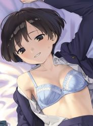 Rule 34 | 1girl, arm up, bed sheet, blazer, blue bow, blue bra, blue jacket, blue skirt, blush, bow, bow bra, bra, breasts, brown eyes, brown hair, buttons, character request, cleavage, collarbone, collared shirt, commentary request, copyright request, face, grin, jacket, looking at viewer, lying, on back, on bed, open clothes, open jacket, open shirt, pleated skirt, sagano yuuji, shirt, shirt tucked in, short hair, skirt, small breasts, smile, solo, teeth, underwear, white shirt