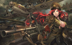 Rule 34 | 1girl, aircraft, airplane, black gloves, blue eyes, breasts, bren lmg, cleavage, collarbone, gloves, green hat, gun, hat, highres, holding, holding gun, holding weapon, ikegami noroshi, large breasts, light machine gun, long hair, looking at viewer, machine gun, military, original, parted lips, red hair, smile, solo, squad automatic weapon, vehicle focus, very long hair, weapon