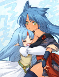 Rule 34 | 2girls, alice soft, aqua hair, bad id, bad pixiv id, bell, blue hair, blue thighhighs, bow, breasts, closed eyes, fang, fingerless gloves, forehead jewel, gloves, happy, heart, heart in mouth, hug, kalar (race), long hair, multiple girls, pointy ears, rance (series), rance quest, reset kalar, sideboob, smile, suzume (rance), thighhighs, thighs, utsugi (skydream), yellow eyes