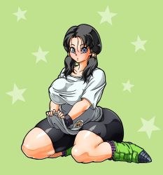 Rule 34 | 1girl, black hair, blue eyes, breasts, dragon ball, full body, highres, large breasts, long hair, looking at viewer, sitting, solo, thick thighs, thighs, videl, wrato