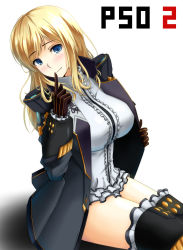 Rule 34 | 1girl, blonde hair, blue eyes, blush, breasts, copyright name, epaulettes, finger to mouth, frills, gayprince, gender pirate, gloves, head tilt, highres, jacket, large breasts, long hair, open clothes, open jacket, phantasy star, phantasy star online 2, sitting, smile, solo, thighhighs