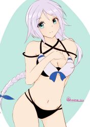 Rule 34 | 1girl, absurdres, bikini, black bikini, blue background, blue eyes, braid, breasts, cleavage, contrapposto, grey hair, highres, kantai collection, long hair, medium breasts, multi-strapped bikini bottom, multi-strapped bikini top, nekojita kavu, official alternate costume, one-hour drawing challenge, single braid, solo, swimsuit, twitter username, two-tone background, umikaze (kancolle), umikaze (swimsuit mode) (kancolle), very long hair