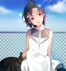 Rule 34 | 1girl, black eyes, black hair, blue sky, blurry, bokeh, chain-link fence, chico907, cloud, day, depth of field, dress, fence, head tilt, idolmaster, idolmaster (classic), kikuchi makoto, looking away, looking to the side, off shoulder, outdoors, parted lips, red lips, short hair, sky, sleeveless, sleeveless dress, solo, sunlight, upper body, wind