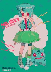 Rule 34 | 1girl, bubble skirt, bulbasaur, character name, cone hair bun, creature and personification, creatures (company), dated, double bun, eyes visible through hair, frilled skirt, frills, full body, game freak, gen 1 pokemon, green legwear, green skirt, hair bun, hair ornament, hairclip, hand up, highres, index finger raised, looking at viewer, narumame, necktie, nintendo, open mouth, personification, pokedex number, pokemon, pokemon (creature), red eyes, red neckwear, shoes, short sleeves, skirt, smile, socks, standing, twitter username