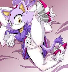 Rule 34 | 1girl, bad id, bed, blaze the cat, cleft of venus, covered erect nipples, furry, lying, masturbation, nipples, on side, pillow, sega, solo, sonic (series), spread legs, tagme, tamagoroo, uncensored, yellow eyes