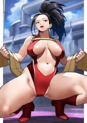 Rule 34 | 1girl, absurdres, black eyes, black hair, blurry, blurry background, boku no hero academia, boots, breasts, center opening, hair pulled back, high heel boots, high heels, highres, large breasts, looking at viewer, navel, open mouth, ponytail, red footwear, short hair, squatting, sweat, thick thighs, thighs, yaoyorozu momo, yoshio (55level)