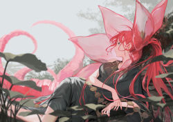Rule 34 | 1girl, absurdres, bare shoulders, black dress, breasts, closed mouth, dress, feet out of frame, flower, green eyes, highres, large breasts, long hair, lotus, original, ponytail, red hair, shi niao, sleeveless, solo
