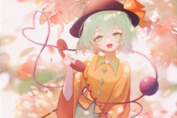 Rule 34 | 1girl, :d, artist request, black hat, blouse, blurry, bow, collared shirt, frilled shirt collar, frilled sleeves, frills, green eyes, green hair, hair between eyes, hat, hat bow, hat ribbon, heart, heart of string, highres, holding, komeiji koishi, long sleeves, looking at viewer, open mouth, petals, ribbon, shirt, short hair, skirt, smile, solo, third eye, touhou, upper body, wide sleeves, yellow bow, yellow ribbon, yellow shirt