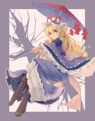 Rule 34 | 1girl, bare shoulders, blonde hair, boots, closed mouth, detached sleeves, dress, folded fan, folding fan, frills, full body, grey background, hair between eyes, hand fan, hat, hat ribbon, highres, holding, holding fan, holding umbrella, knees up, long hair, looking at viewer, mechrailgun, mob cap, oil-paper umbrella, purple dress, red ribbon, ribbon, simple background, smile, solo, touhou, umbrella, white hat, wide sleeves, yakumo yukari