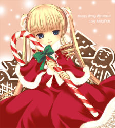 Rule 34 | 00s, 1girl, blonde hair, blue eyes, candy, candy cane, capelet, christmas, dress, food, frills, fur trim, holding, holding candy, holding candy cane, holding food, long hair, looking at viewer, mizunomoto, red dress, rozen maiden, santa costume, shinku, sidelocks, solo, sweets, twintails, very long hair