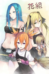 Rule 34 | 3girls, bandeau, bare shoulders, blonde hair, blue eyes, blue hair, breasts, chuck (shaman king), cigarette, cleavage, doll, fingerless gloves, flat chest, gloves, green eyes, highres, kanna bismarch, keid, long hair, looking at viewer, marion phauna, matilda matisse, midriff, multiple girls, open mouth, orange hair, parted lips, purple eyes, shaman king, short hair, shorts, sketch, smile, smoking, spaghetti strap, strapless, tattoo, tube top, twintails, voodoo doll