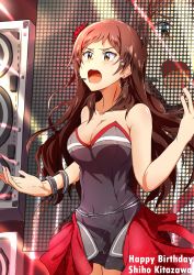 Rule 34 | 1girl, absurdres, bare shoulders, black dress, blush, bracelet, breasts, brown eyes, brown hair, cat earrings, cleavage, cowboy shot, dress, earrings, english text, flower, hair flower, hair ornament, happy birthday, headset, highres, idolmaster, idolmaster million live!, j yak47, jewelry, kitazawa shiho, large breasts, long hair, music, nail polish, open mouth, red nails, screen, singing, solo, speaker, stage, tears