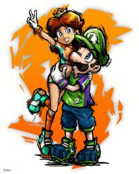 Rule 34 | 1boy, 1girl, accidental pervert, artykinasia, blue eyes, brown hair, crown, face to breasts, facial hair, gloves, grin, highres, hug, looking at another, luigi, mario (series), midriff, mustache, nintendo, one eye closed, princess daisy, shorts, smile, soccer uniform, sportswear, super mario strikers, tomboy, v