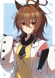 Rule 34 | 1girl, absurdres, agnes tachyon (umamusume), animal ears, black necktie, black shirt, breasts, brown hair, closed mouth, collared shirt, commentary request, dot nose, double-parted bangs, ear tag, eyes visible through hair, hair between eyes, hands up, highres, holding, holding pen, horse ears, horse girl, jacket, lab coat, lapels, light blush, looking at viewer, looking to the side, medium hair, necktie, notched lapels, open clothes, open jacket, pen, red eyes, ruisuke, shirt, short necktie, sidelocks, sideways glance, simple background, sleeves past fingers, sleeves past wrists, small breasts, smile, solo, sweater, teeth, umamusume, upper body, upper teeth only, white background, white jacket, yellow sweater