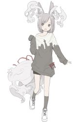Rule 34 | 1girl, animal ears, boots, bow, collarbone, cross-laced footwear, dress, grey eyes, grey hair, highres, lace-up boots, miyako (naotsugu), open mouth, original, oversized clothes, ribbon, short hair, simple background, socks, solo, sweater, sweater dress, swept bangs, tail, tail ornament, tail ribbon, white background, white footwear