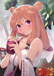 Rule 34 | 1girl, armpit crease, bare shoulders, breasts, brown hair, cleavage, collarbone, commentary request, cup, day, detached sleeves, double bun, drinking, drinking glass, drinking straw, earrings, flower, furukawa itsuse, hair bun, highres, holding, holding cup, hood, hood down, ice, ice cube, iriam, jewelry, large breasts, long hair, looking at viewer, nontraditional miko, obi, orange flower, original, purple eyes, red flower, sash, skull earrings, solo, sunlight, tree, virtual youtuber, wide sleeves