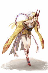 Rule 34 | 1girl, bare legs, bare shoulders, blonde hair, fate/grand order, fate (series), full body, hand to own mouth, ibaraki douji (fate), japanese clothes, kangetsu (fhalei), kimono, long hair, long sleeves, parted lips, sash, short kimono, simple background, solo, standing, tattoo, white background, wide sleeves, yellow eyes, yellow kimono